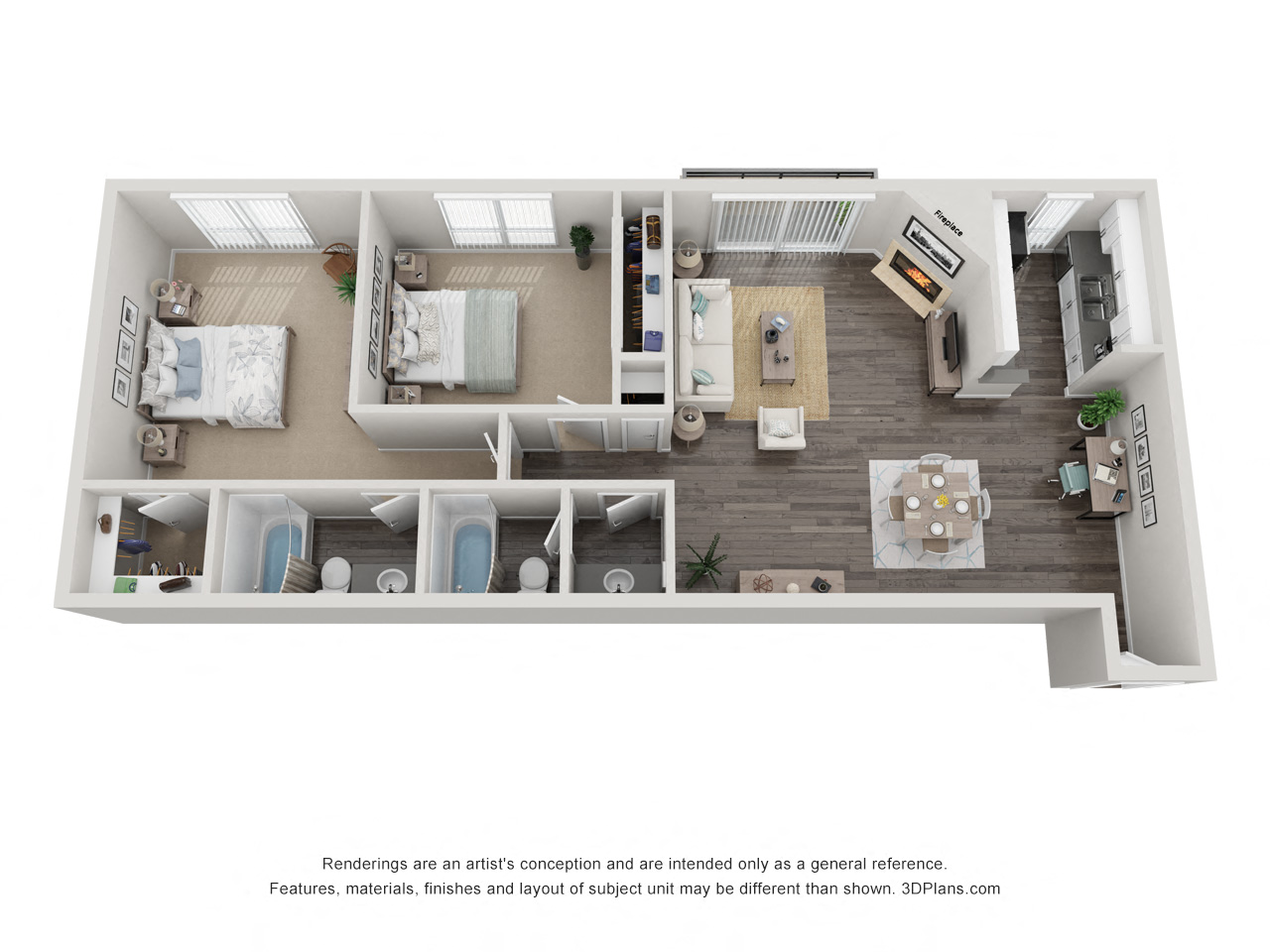Floor plan for 2 beds, 2 baths, 1023 sqft